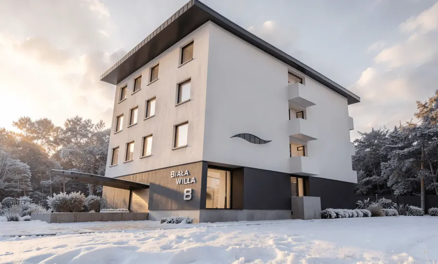 Wizualizacja 3D: Projekt budynku wielorodzinnego przy ul. Skrajnej. Robocza nazwa Willa Biała pochodzi od dzielnicy, w której powstała - Prądnik Biały. Budynek posiada niewielki podziemny parking. Wyzwaniem projektu było zacienianie sąsiedniej kamienicy, z tego wynika dedykowany kształt dachu na elewacji wschodniej. — zdjęcie 6